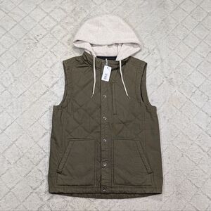 BKE Vest Jacket Mens M Green Olive Hooded Puffer Quilted Cotton Snap NEW